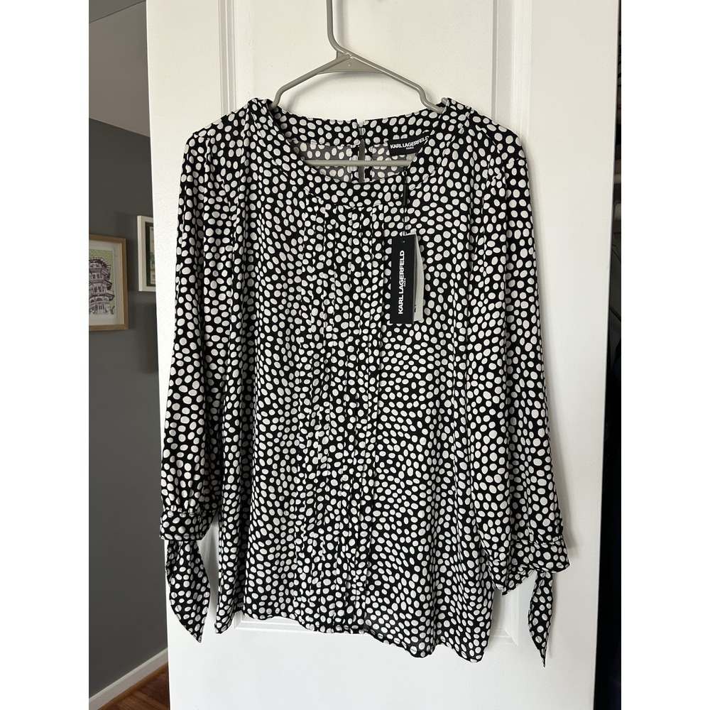 NWT KARL LAGERFELD PARIS Pullover Blouse Shirt Black White Polka Dot Size L